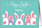 Hand Lettered Easter Peeking White Bunnies with Custom Name and Eggs card