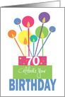 Birthday for 70 Year Old, Tall Thin Candles of Bright Stacked Cake card