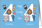Birthday for 4 Year Old Boy Twins, Zoo Animals & Custom Names card