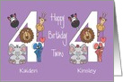 Birthday 4 Year Boy & Girl Twins, Custom Names & Zoo Animals card
