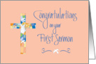 First Sermon Congratulations, Stained Glass Cross on Peach card