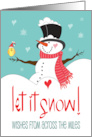 Christmas Snowman Let it Snow From Across the Miles with Hearts card