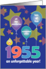 Birthday for 1955, An Unforgettable Year with Balloons & Stars card