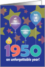 Birthday for 1950, An Unforgettable Year with Balloons & Stars card