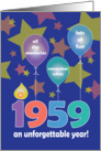 Birthday in 1959, An Unforgettable Year with Balloons & Stars card