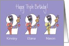 2nd Birthday for Triplets, 2 Girls & 1 Boy, Custom Names & Animals card