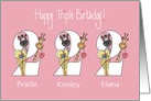 2nd Birthday for Triplets, 3 Girls, with Custom Names & Zoo Animals card