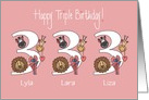 3rd Birthday for Triplets, 3 Girls, with Custom Names & Zoo Animals card