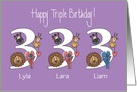 3rd Birthday Triplets, 2 Girls & 1 Boy, Custom Names & Animals card