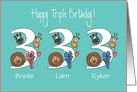 3rd Birthday Triplets, 2 Boys & 1 Girl, Custom Names & Animals card