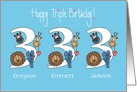 3rd Birthday Triplets, 3 Boys, Custom Names & Zoo Animals card
