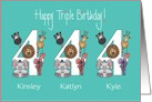 Birthday 4 Year Old Triplets, 2 Girls & 1 Boy with Custom Names card
