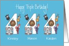 Birthday 4 Year Old Triplets, 2 Boys & 1 Girl with Custom Names card