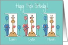 Birthday 1 Year Triplets, 2 Boys & 1 Girl with Personalized Names card