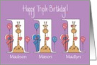 Birthday 1 Year Triplets, 2 girls & 1 boy Custom Names & Giraffes card