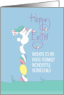 Hand Lettered Easter for Grandchild with White Bunny on Stacked Eggs card