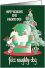 Christmas to a Feliz Naughty-Dog with Lazy Dog in Chair and Ornament card