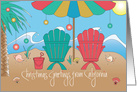 Hand Lettered California Christmas Greetings, with Beach Chairs card