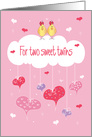 Valentine’s for Twin Girls, Birds with Red Bows & Hanging Hearts card