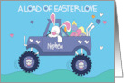 Hand Lettered Easter Nephew White Bunny in Monster Truck with Eggs card