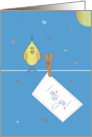 I Miss You with Yellow Bird on Clothesline, Note & Clothespin card