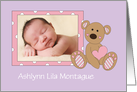 Announcement Baby Girl, Custom Photo & Name, Bear & Frame card