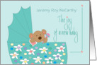 Hand Lettered Joy of New Baby Bear in Bassinette with Custom Name card