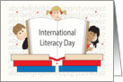 International Literacy Day, Three Kids with Open Book & Hearts card
