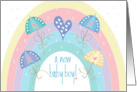 Hand Lettered Baby Boy Shower Rainbow with Umbrellas and Hearts card