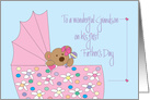 1st Father’s Day for Grandson, Bear with Bow in Pink Bassinette card