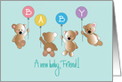 New Baby for Friend, Four Flying Bears with BABY balloons card