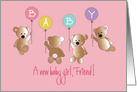 New Baby Girl for Friend, Four Flying Bears with BABY balloons card