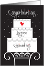 Wedding for Cousin & Wife, Tiered Cake on Cake Stand & Heart card
