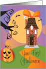 First New Home for Halloween with Tall Home and Orange Bow with Bats card