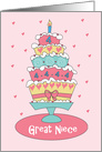 4th Birthday for Great Niece, Stacked Cake with Hearts, Bow & 4s card