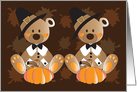 First Thanksgiving for Twins, Two Bears in Pilgrim Hats & Pumpkins card