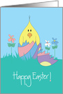 Easter Chick in Broken, Bright Colored Easter Egg with Flowers card