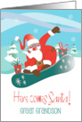 Christmas Great Grandson Snowboarding Santa Here Comes Santa card