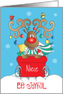 Christmas for Niece, Be Joyful Reindeer in Red Sleigh with Ornaments card