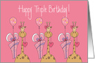 Birthday for Triplet Girls, Three Giraffes with Gifts and Balloons card