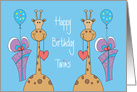 Birthday for Twin Boys, Two Giraffes with Hearts, Gifts and Balloons card