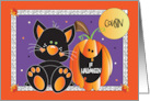 First Halloween for Cousin with Black Cat and Smiling Jack O Lantern card