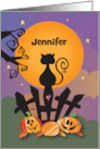 Halloween Custom Name Black Cat Silhouette on Fence with Full Moon card