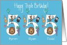 Birthday 5 Year Old Triplet Boys, Custom Names & Zoo Animals card