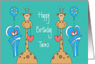 Birthday for Twins, Two Giraffes with Hearts, Balloons & Gifts card