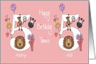 Birthday 5 Year Old Girl Twins, Personalized with Zoo Animals card