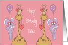 Birthday for Twin Girls, Two Giraffes in Pink Bows, Gifts & Balloons card