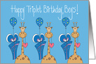 Birthday for Triplet Boys, Three Giraffes with Balloons & Gifts card