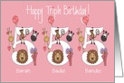 Birthday for 5 Year Old Girl Triplets, Zoo Animals & Balloons card