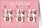 Birthday for 5 Year Old Girl Triplets, Zoo Animals & Balloons card